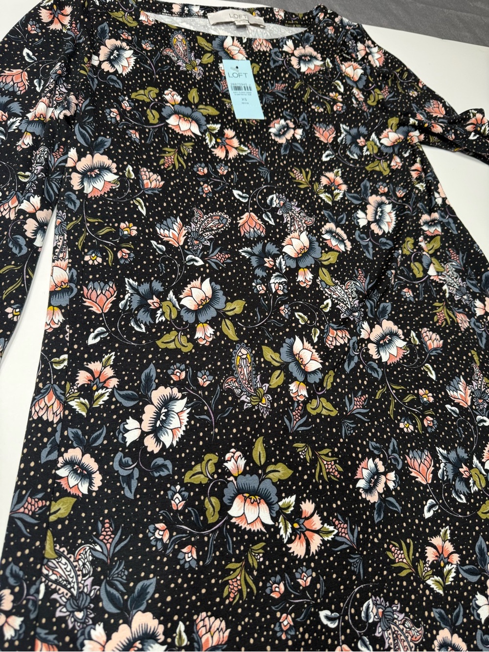 NWT LOFT Black Floral dress with Pink and Blue Blooms